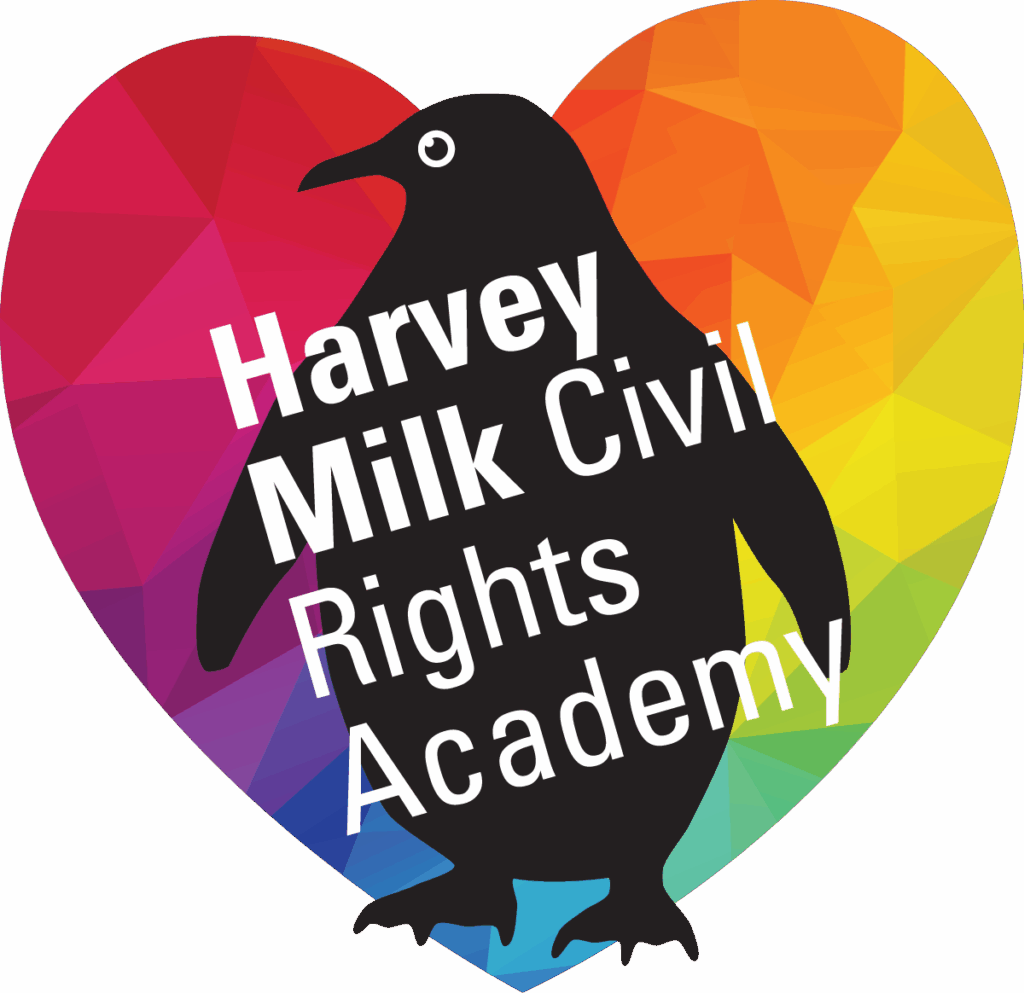 Logo for Harvey Milk Civil Rights Academy with a colorful heart and a black penguin.