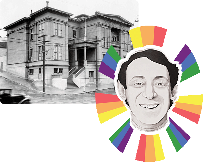 A collage of a historical photo of Douglass School in the early 1900's and an illustration of Harvey Milk's face with rainbow decoration.