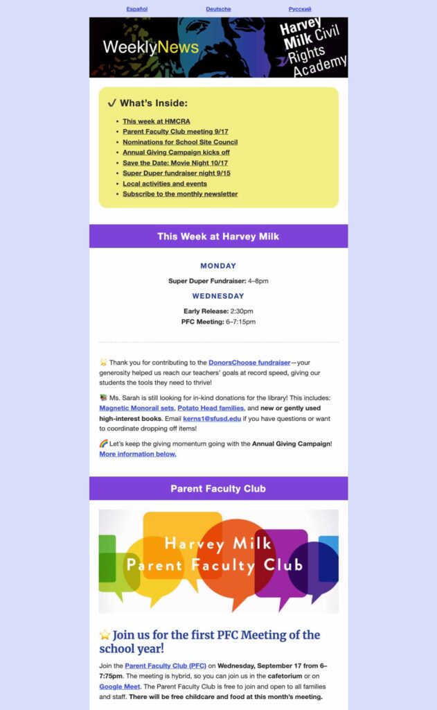 Example of a Parent Faculty Club Weekly News email.